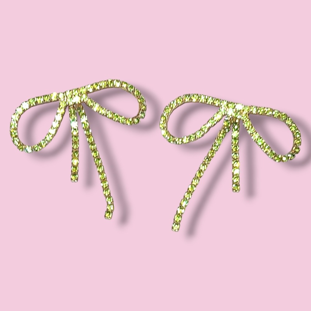 Vintage Green Rhinestone Bow‎ Earrings Pierced
